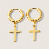 The Creed -  Cross Dangle Huggies Earrings