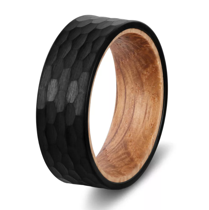 Faceted Tungsten Ring with Barrel Wood Inlay