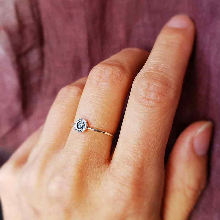 Moon and Star Oxidized Circle Ring