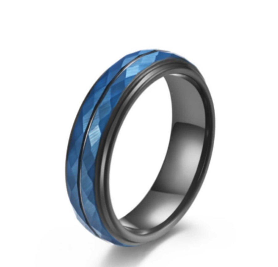 Blue & Black Faceted Tungsten Ring