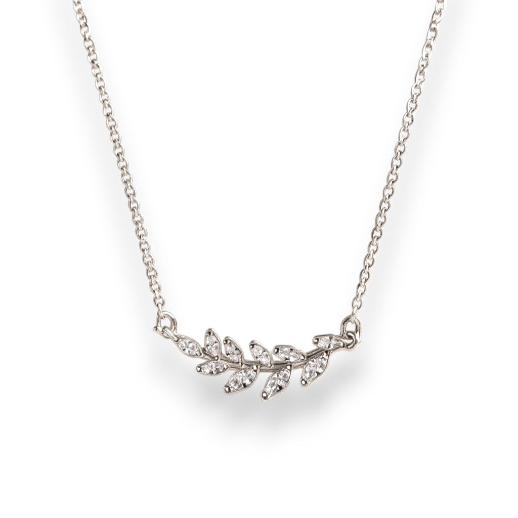 Olive Whisper – Silver CZ  Leaf Necklace