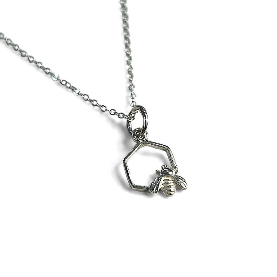 Silver Bee on Hexagon Necklace