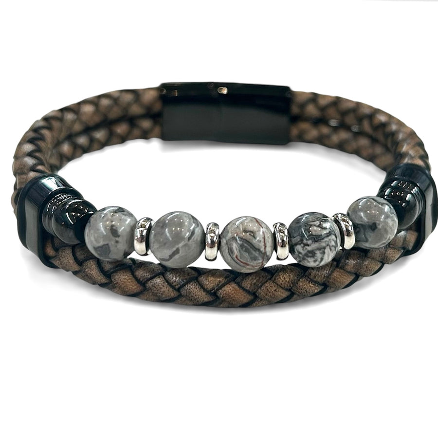 Braided Leather and Stone Bracelet