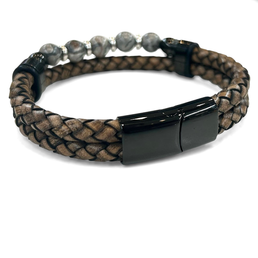 Braided Leather and Stone Bracelet