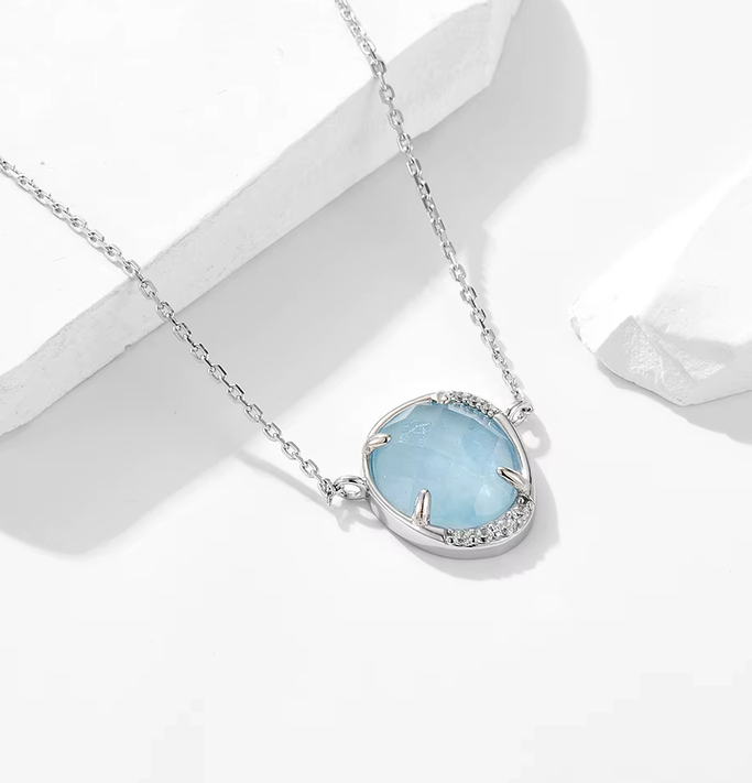 Facetted Aquamarine with CZ Necklace