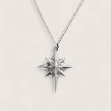 Silver star-shaped pendant on a chain against a light gray background