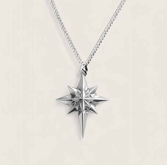Silver star-shaped pendant on a chain against a light gray background