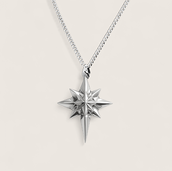 Silver star-shaped pendant on a chain against a light gray background