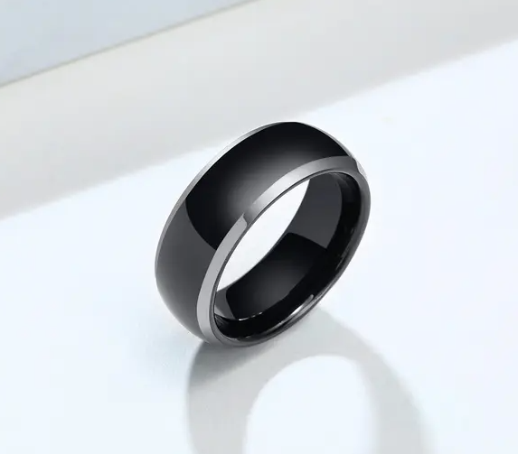 Black Dome with Silver Edge Tungsten Ring