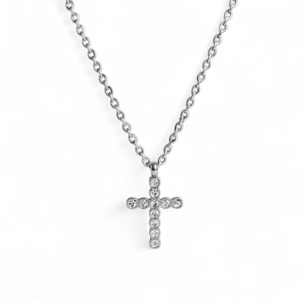 Steel Small CZ Cross Necklace
