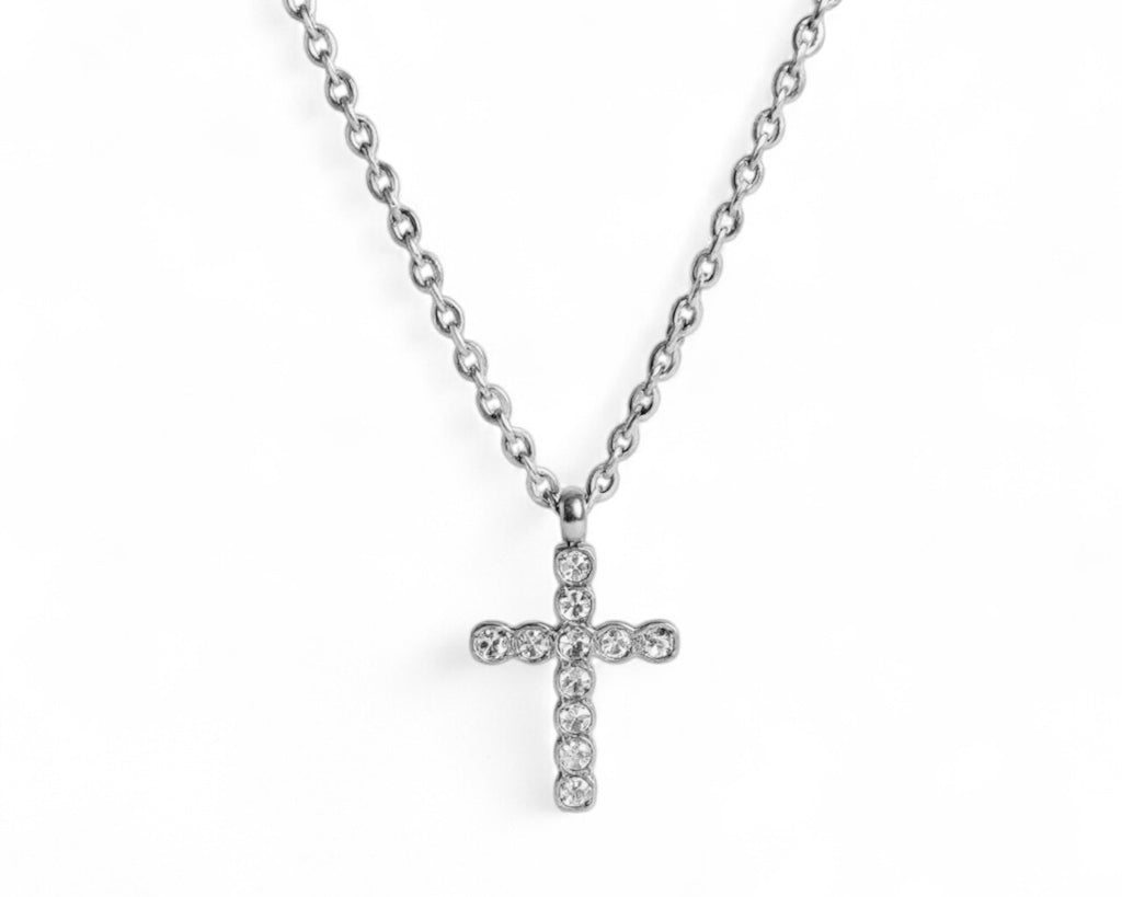 Steel Small CZ Cross Necklace