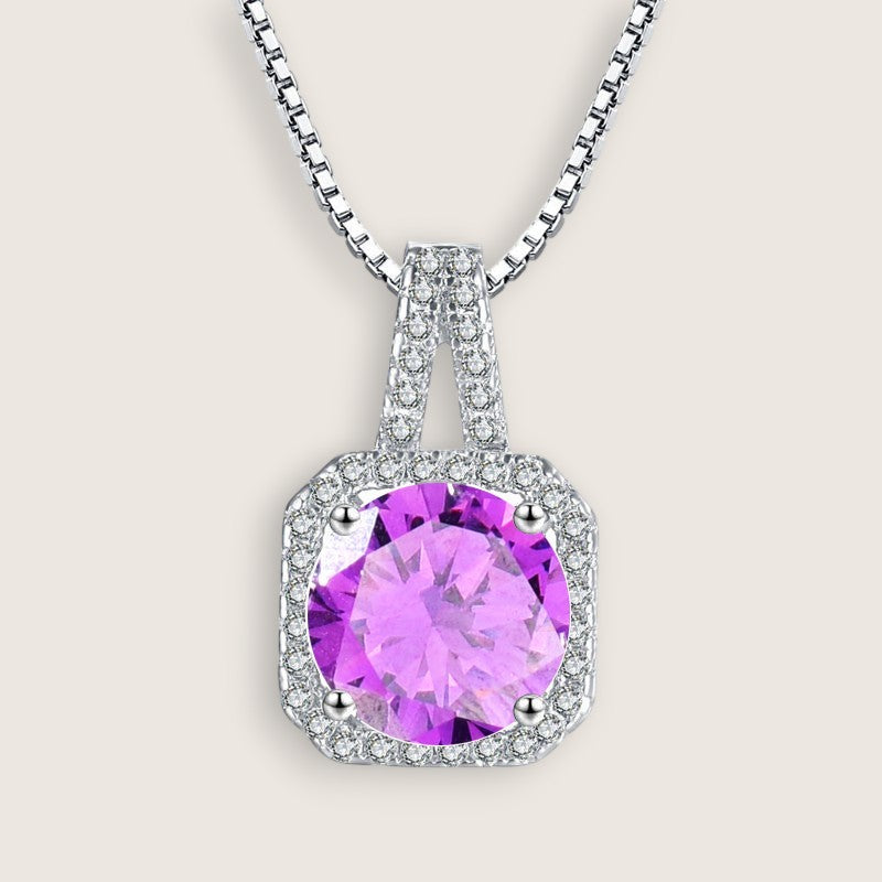 Square Halo CZ Birthstone Necklace