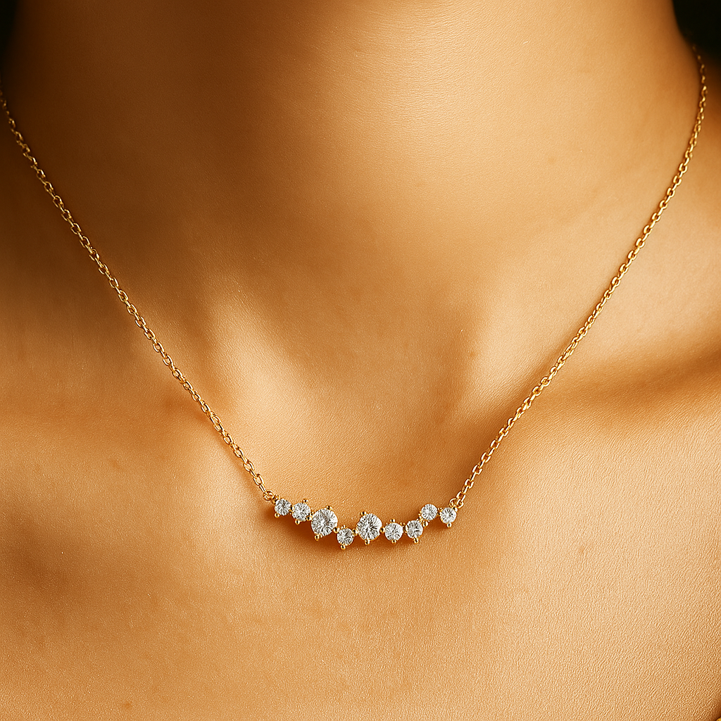 Gold necklace with small diamonds on a person's neck against a neutral background