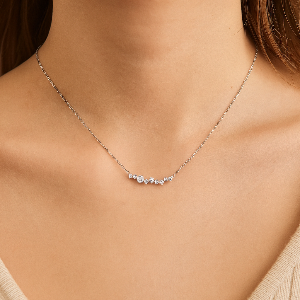 Necklace with small diamonds on a person's neck