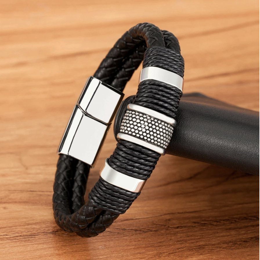 Double Braid Middle Accent Leather Bracelet
