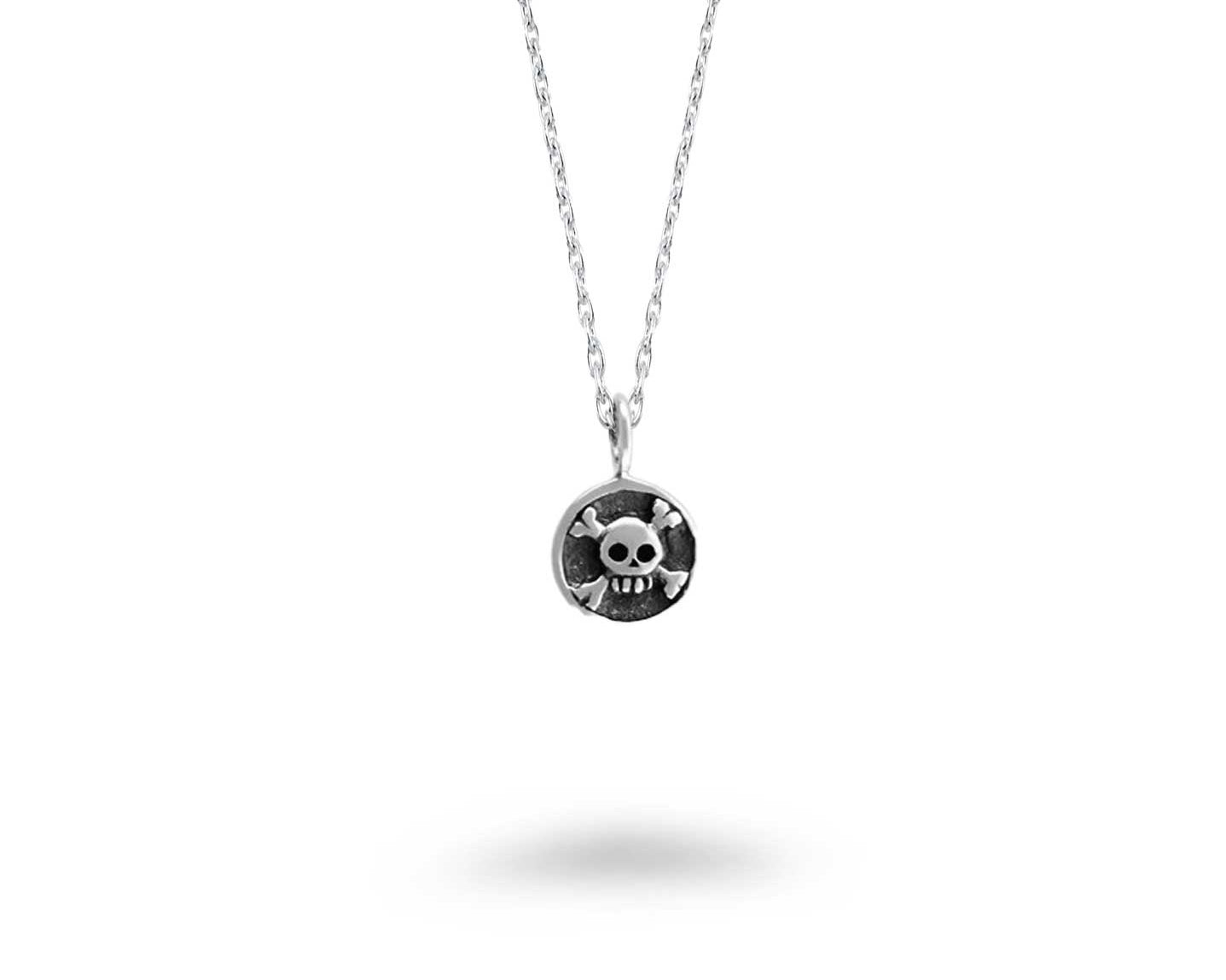 small oxidized fun skull with crossed bones in a circle pendant necklace