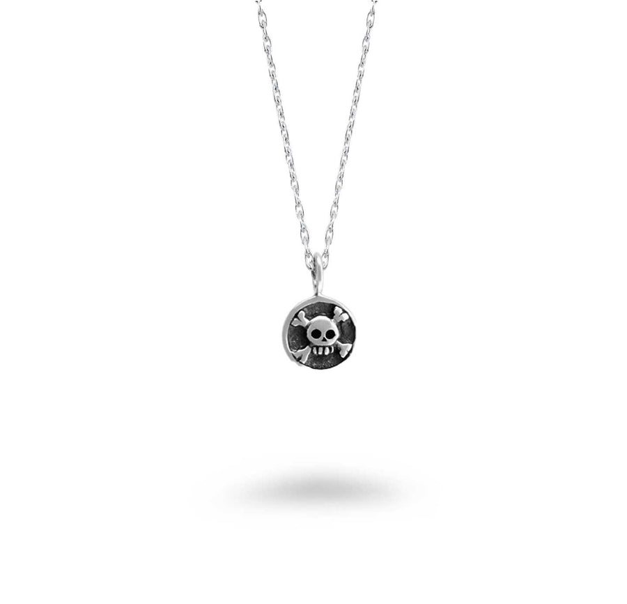 small oxidized fun skull with crossed bones in a circle pendant necklace