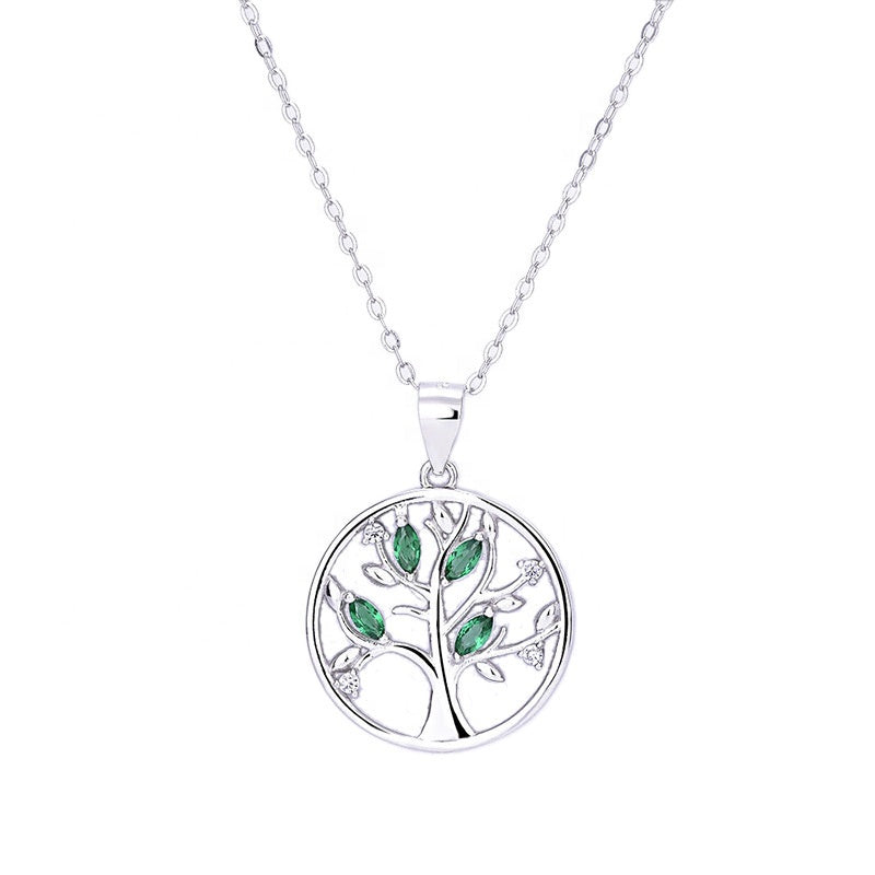 Round CZ Leaves Tree of Life Necklace