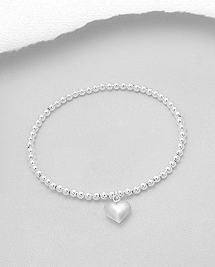 Sterling Ball Stretch Bracelet with Puff Heart
