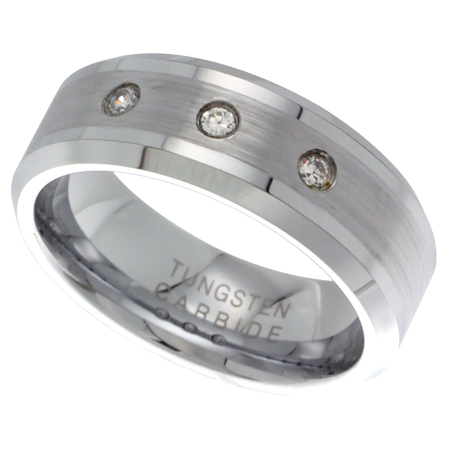 3 CZ Satin Finish Beveled Tungsten Ring