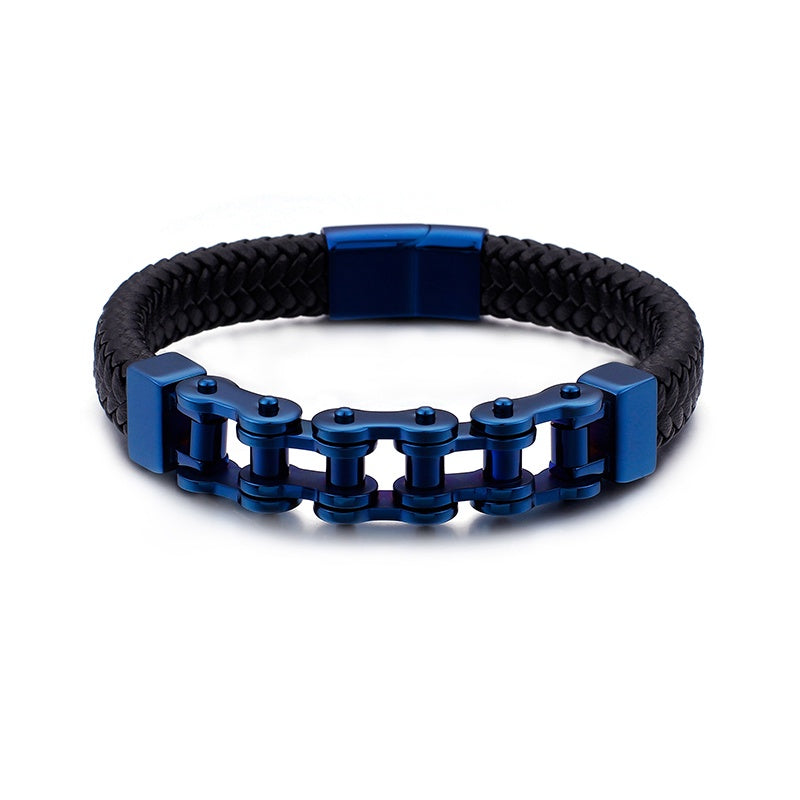 Blue Bike Chain and Leather Bracelet