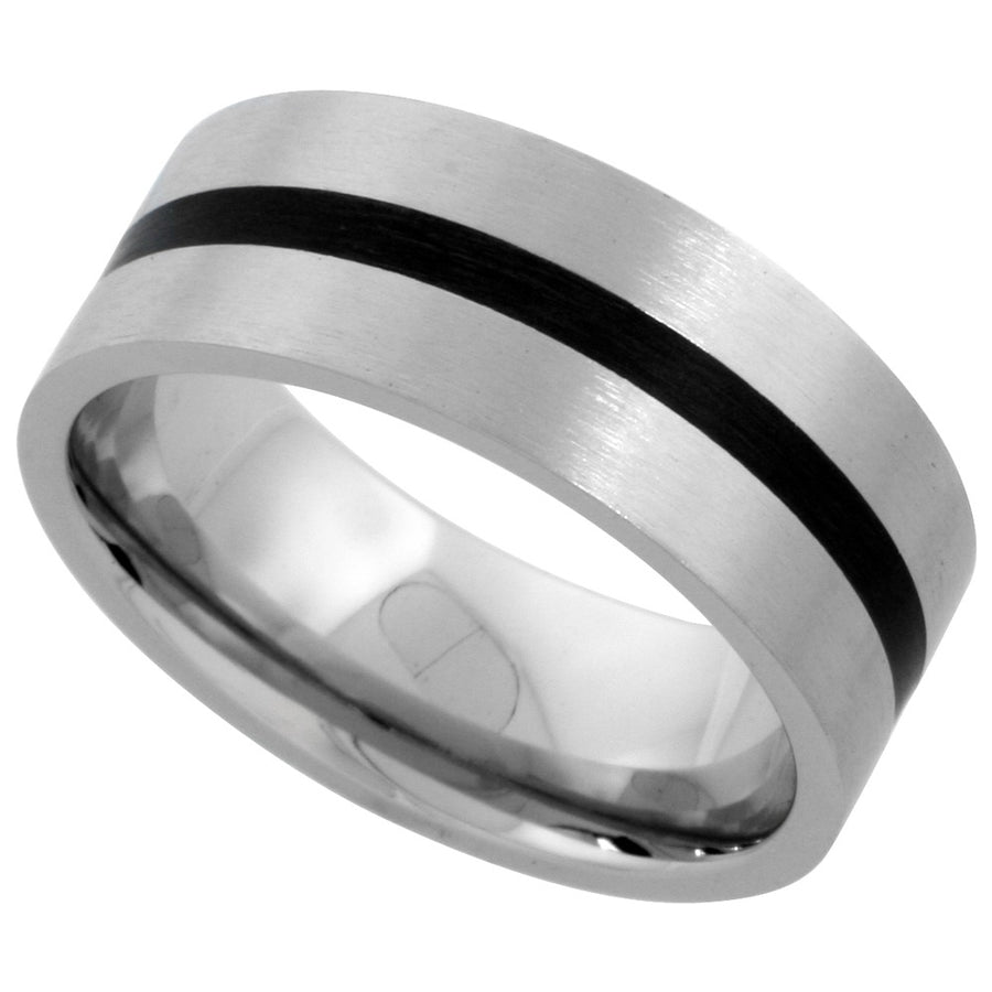 Stainless Steel Flat Band with Black inlay Ring 8mm