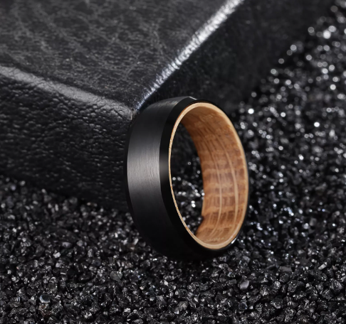 Brushed Tungsten & Barrel Wood Ring