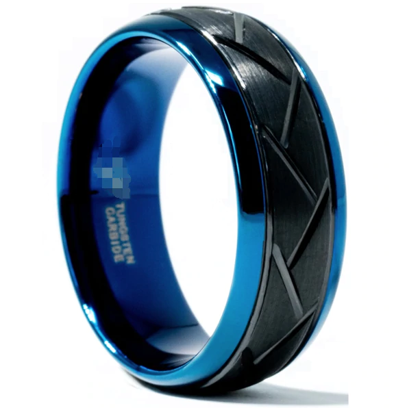 Black Cross Tread Blue Edged Tungsten Ring