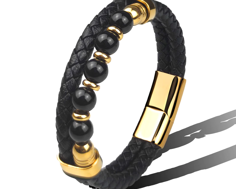 Braided Leather and Stone Bracelet