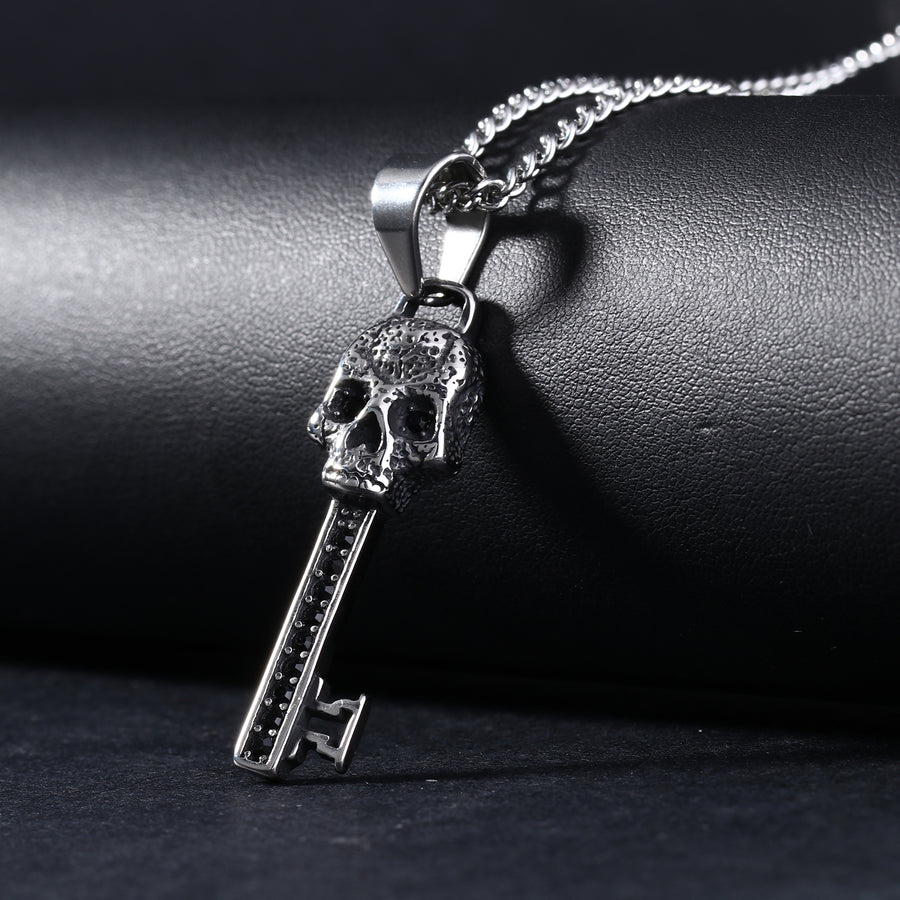 S.S. Skull with Black CZ Key Necklace
