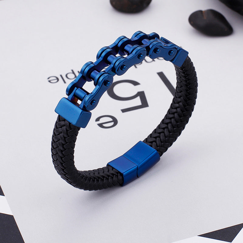 Blue Bike Chain and Leather Bracelet