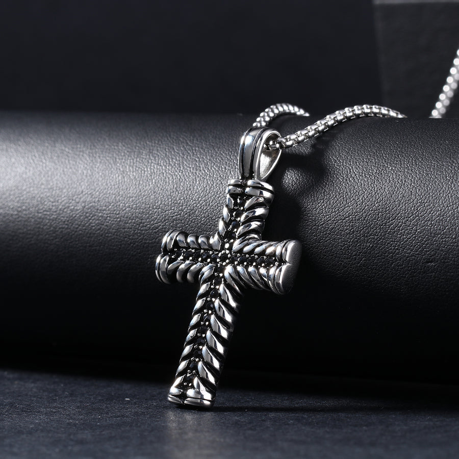 S.S. Black CZ Texture Cross Necklace