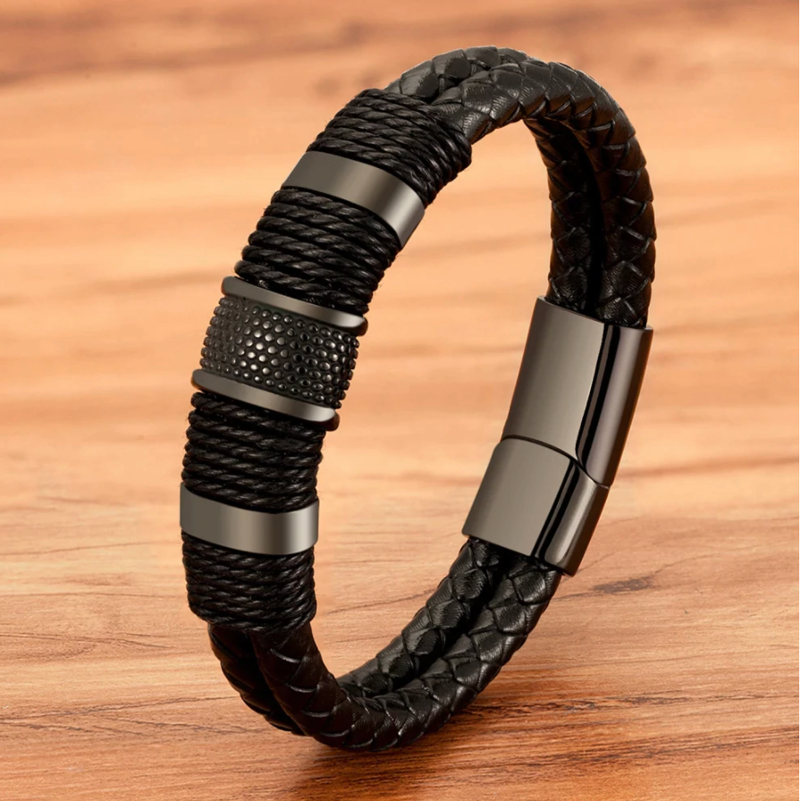 Double Braid Middle Accent Leather Bracelet