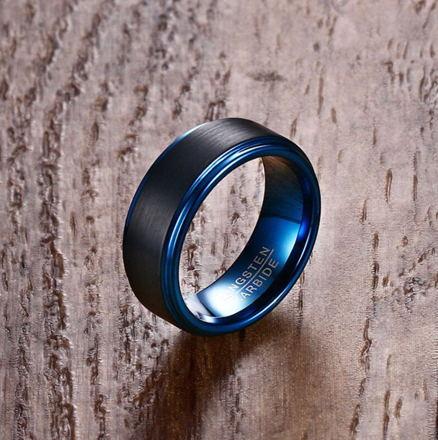 Black Tungsten Ring with Blue Plated edges