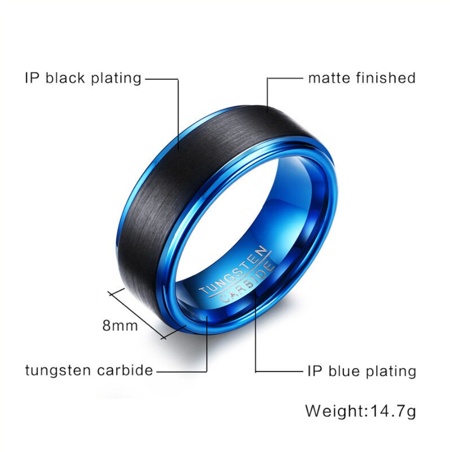 Black Tungsten Ring with Blue Plated edges
