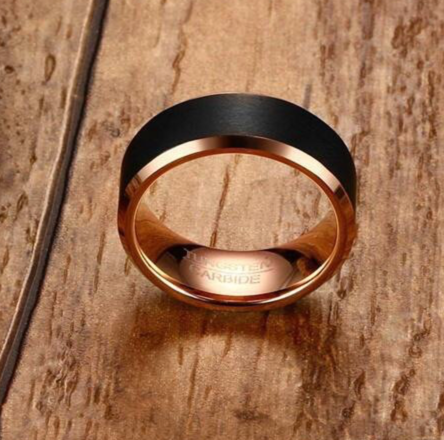Brushed Black Tungsten Ring with Rose Gold Edging