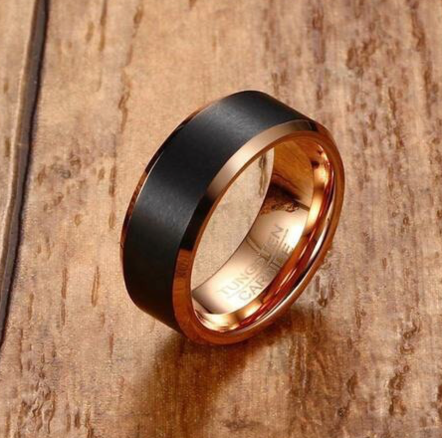 Brushed Black Tungsten Ring with Rose Gold Edging