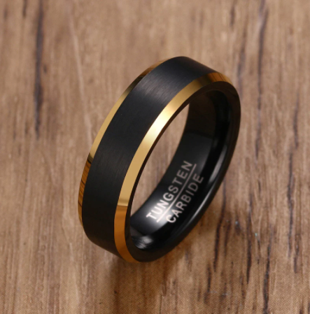 Brushed Black and Gold Edged Tungsten Ring