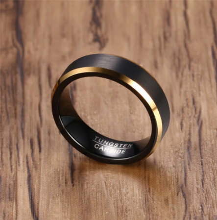Brushed Black and Gold Edged Tungsten Ring