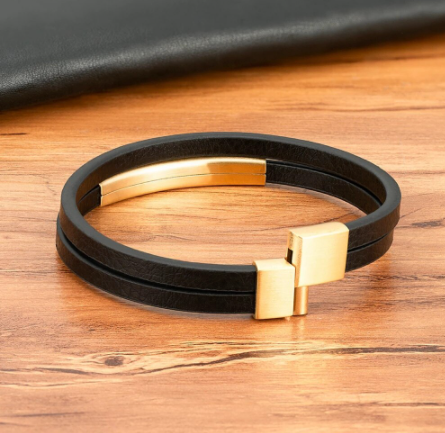 Double Flat Black Leather Bracelet
