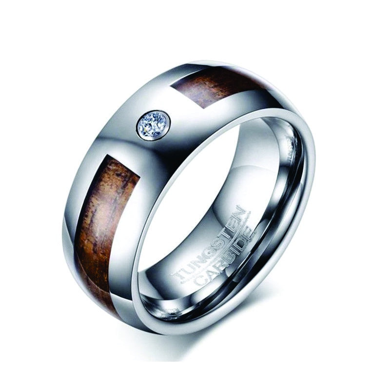 Tungsten with CZ Wood Inlay Ring