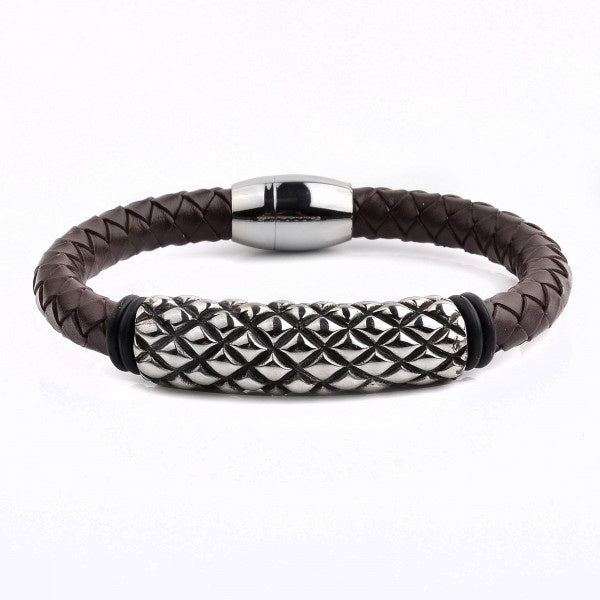 Polished Stainless Steel Studded ID Brown Braided Leather Bracelet