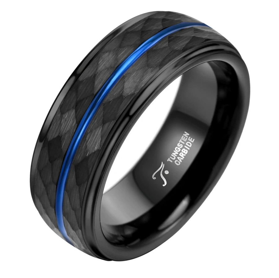 Black Hammered Tungsten Ring with Blue Inlay