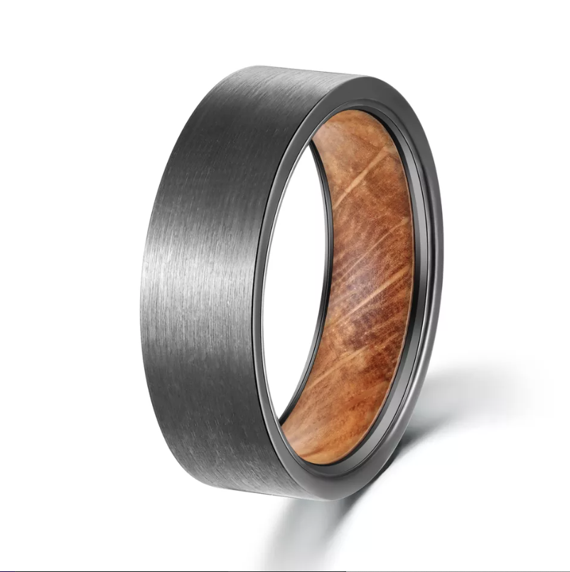 Brushed Tungsten & Oak Barrel Ring
