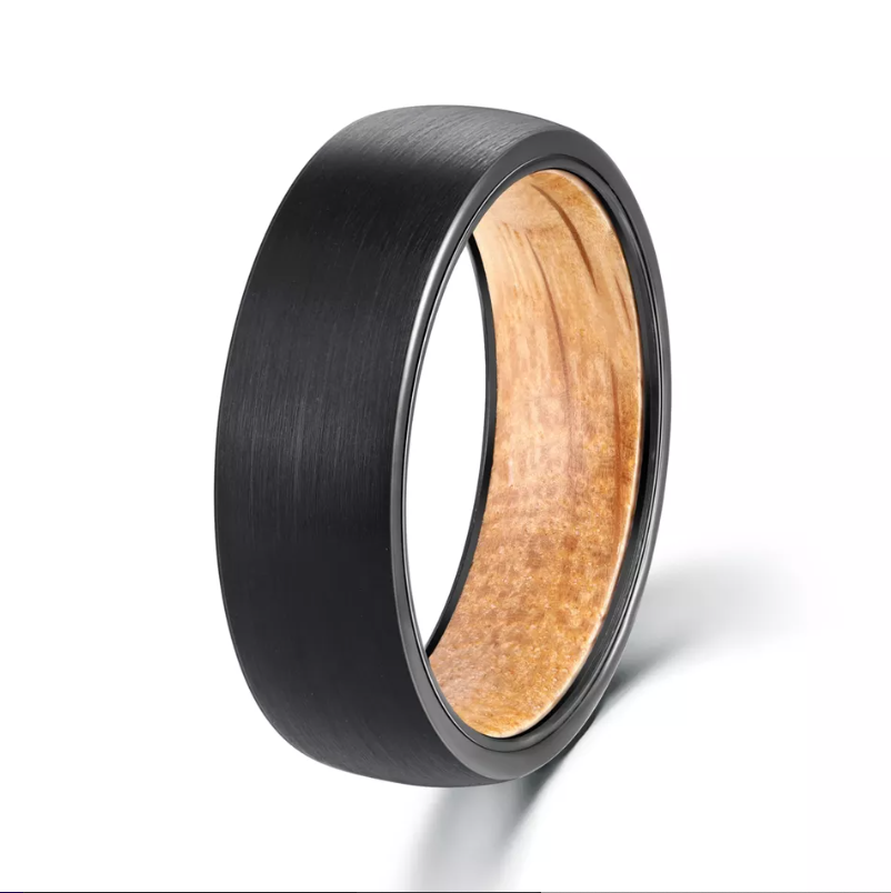 Brushed Tungsten & Oak Barrel Ring
