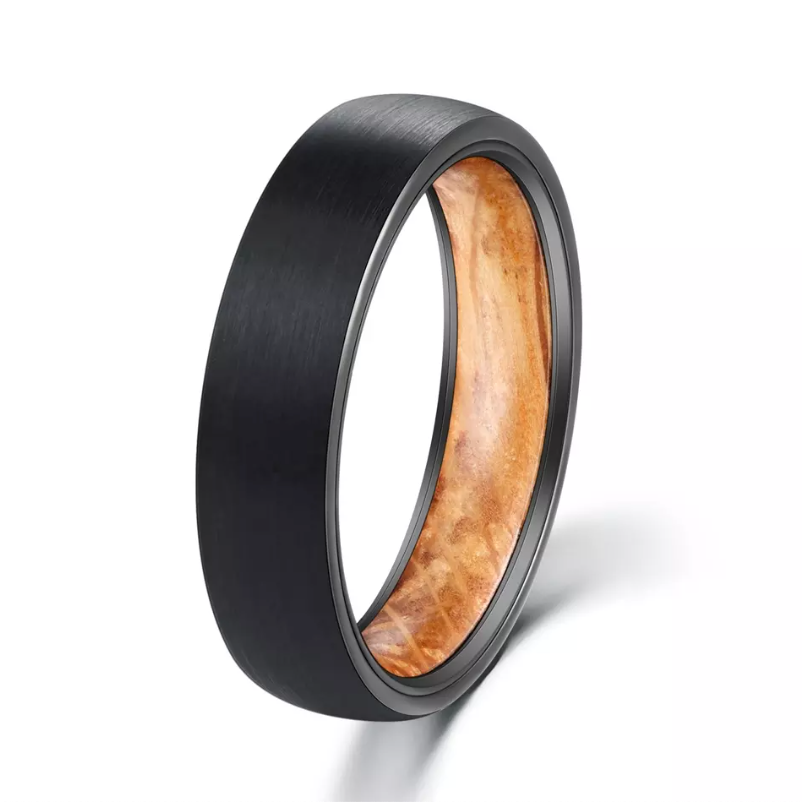 Brushed Tungsten & Oak Barrel Ring