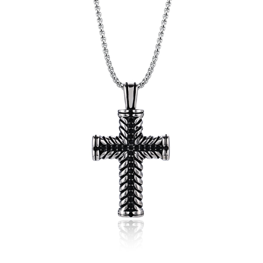 S.S. Black CZ Texture Cross Necklace