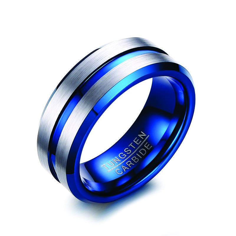 Tungsten with Blue and Center Groove Ring