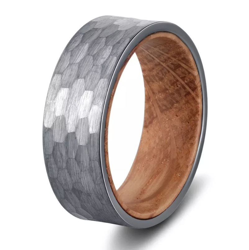 Faceted Tungsten Ring with Barrel Wood Inlay