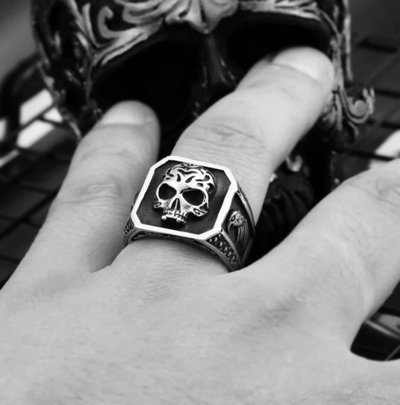 Skull and Falcon Signet Ring